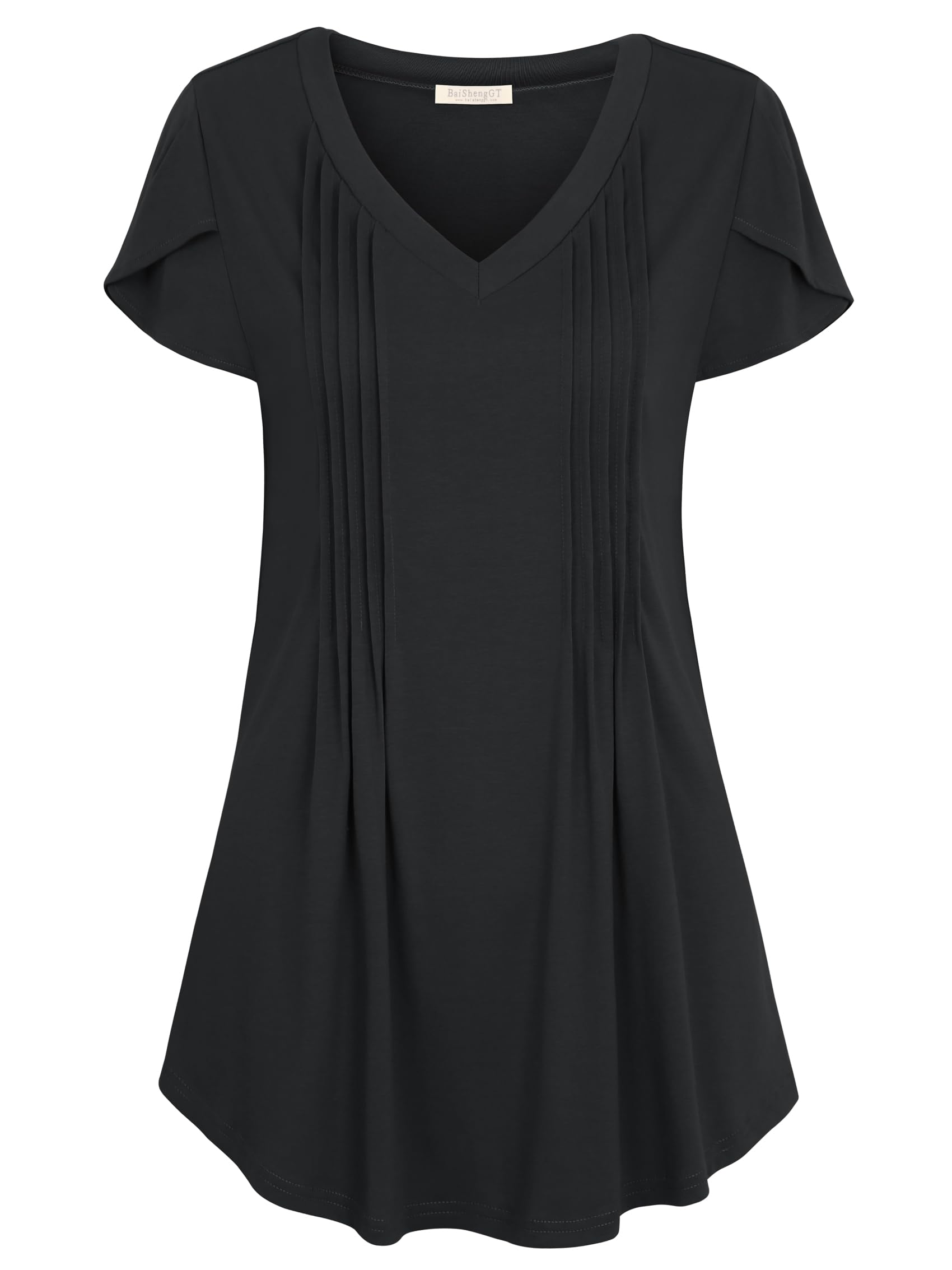 BAISHENGGT Women's Petal Short Sleeve Tunic Tops Casual V Neck Shirts Floral Pleated Summer T Shirt