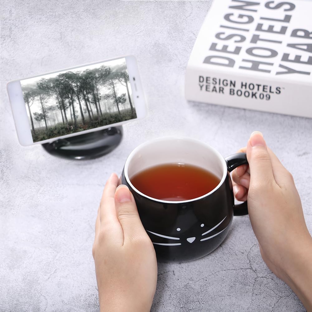 Koolkatkoo Taza de café con diseño de gato de 16 onzas con tapa para teléfono celular, para amantes de los gatos, tazas negras únicas de cerámica, regalo para mujeres