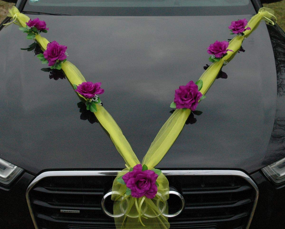 Organza M Auto Schmuck Braut Paar Rose Deko Dekoration Autoschmuck Hochzeit Car Auto Wedding Deko (Dunkelviolett/Gelb) - Image 3