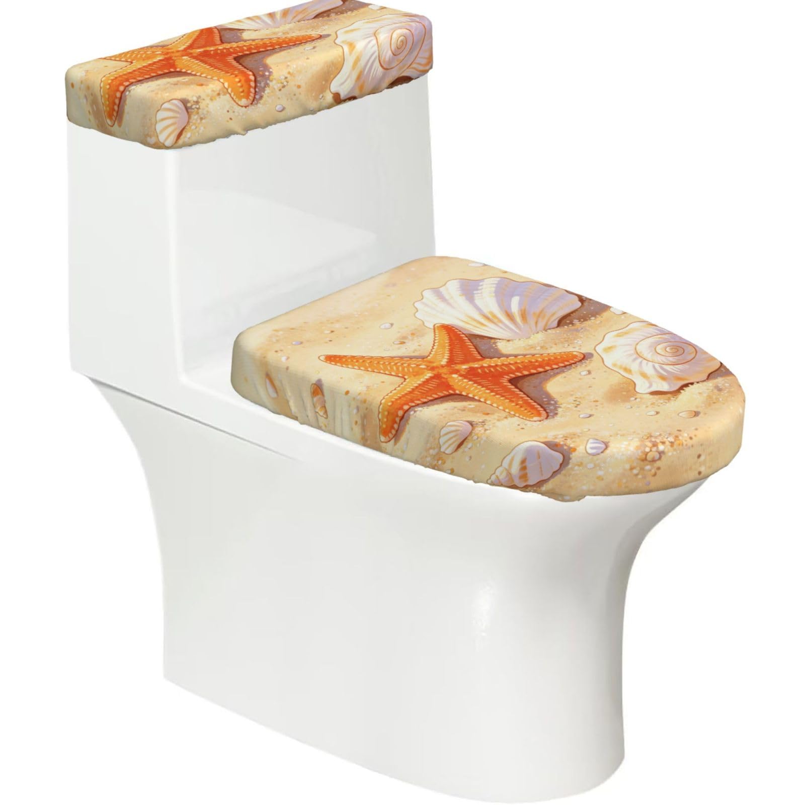 Starfish Seashell Art Elastic Toilet Cover Set of 2-Stretchy Lid and Tank Covers for Bathroom, Soft Washable U Shape Toilet Decor