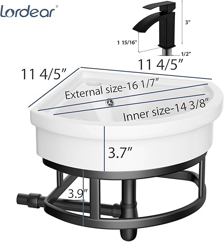 Miniatura 5 de Lordear Fregadero de baño esquinero montado en la pared con toallero  11 45 pulgadas x 11 45 pulgadas fregadero de porcelana triangular para baños