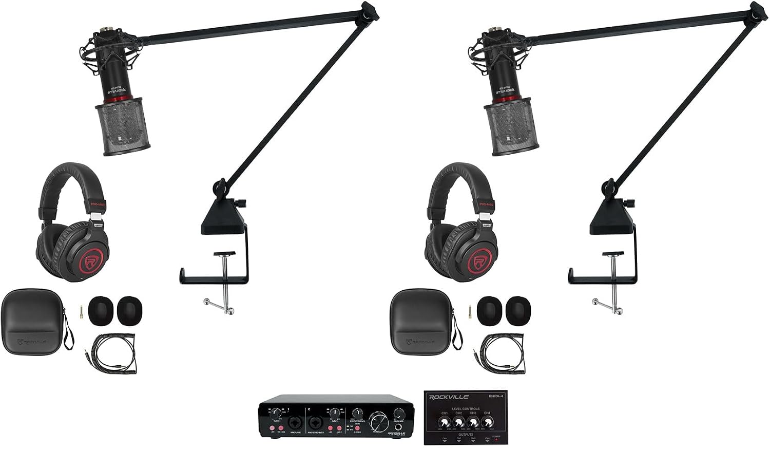 Rockville R-TRACK 2x2 Recording Interface 2-Person Podcast Kit, RCM SR Mics