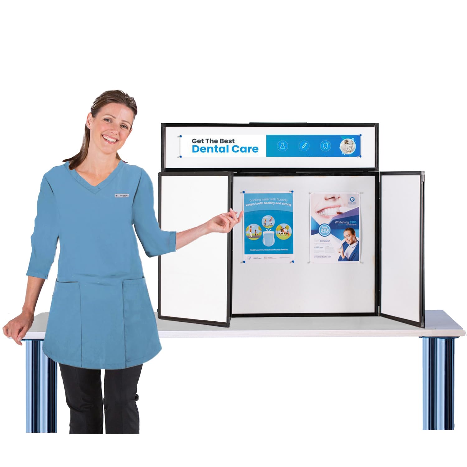 Wonderwall Tabletop 3 Panel Display Exhibition Landscape Kit, White Pinboard, Lightweight Black PVC Frame, Clip On Headr & Carry Bag for Healthcare, Venues, Info & Community Hubs