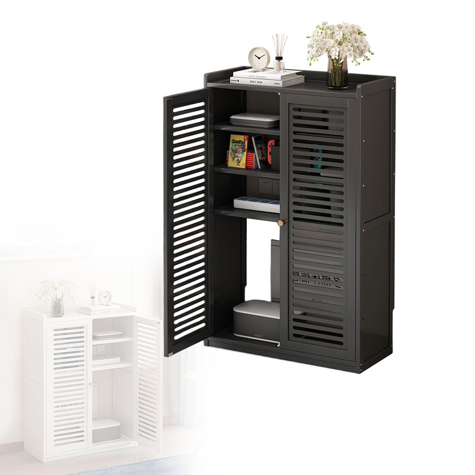 Rangement routeur WiFi et câbles électriques : armoire en bois sur pied avec étagère réglable