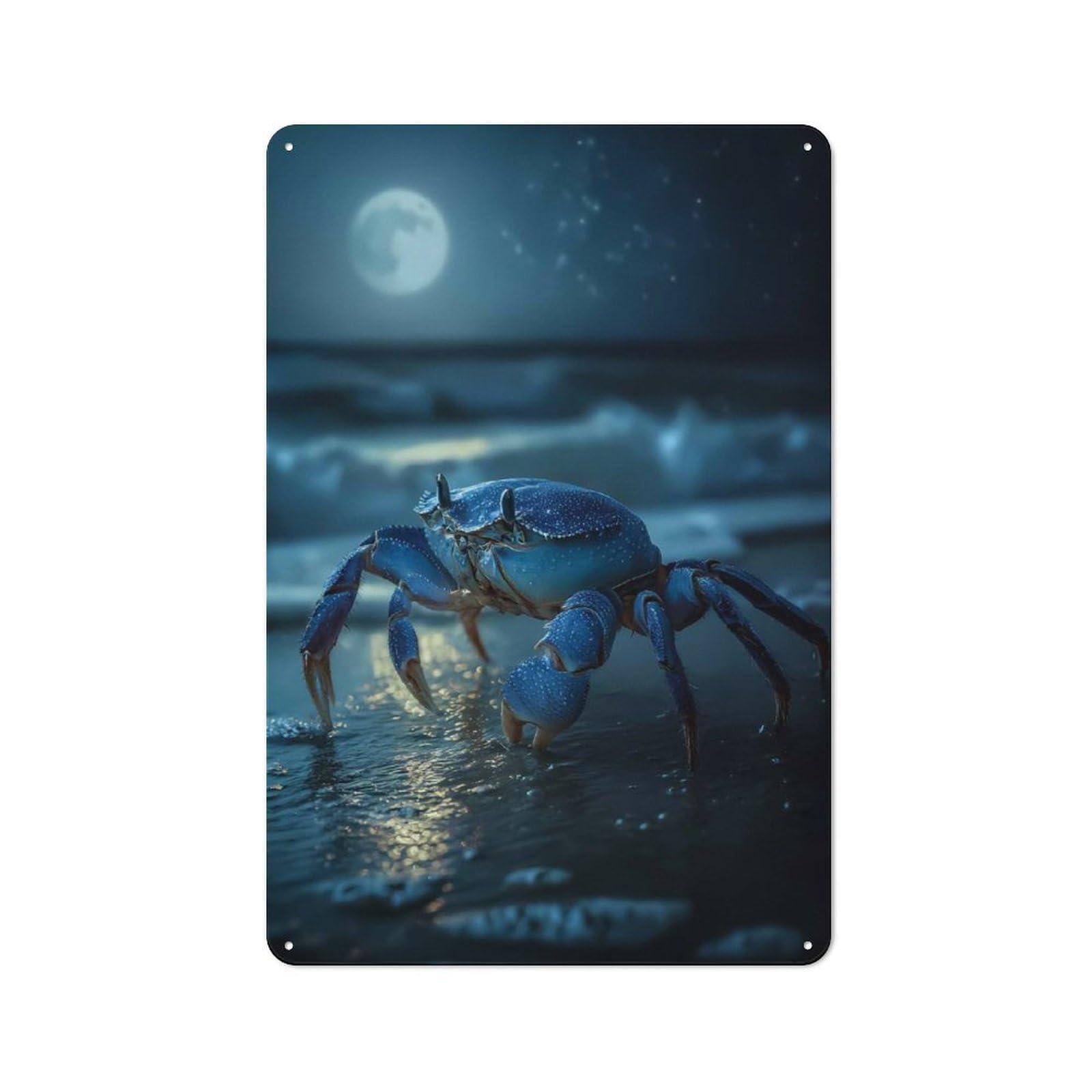 Blue Crab at Night Metal Wall Plaque, Easy to Hang Plaque for Garage, Shed, Workshop Or Hobby Room, 30x20cm