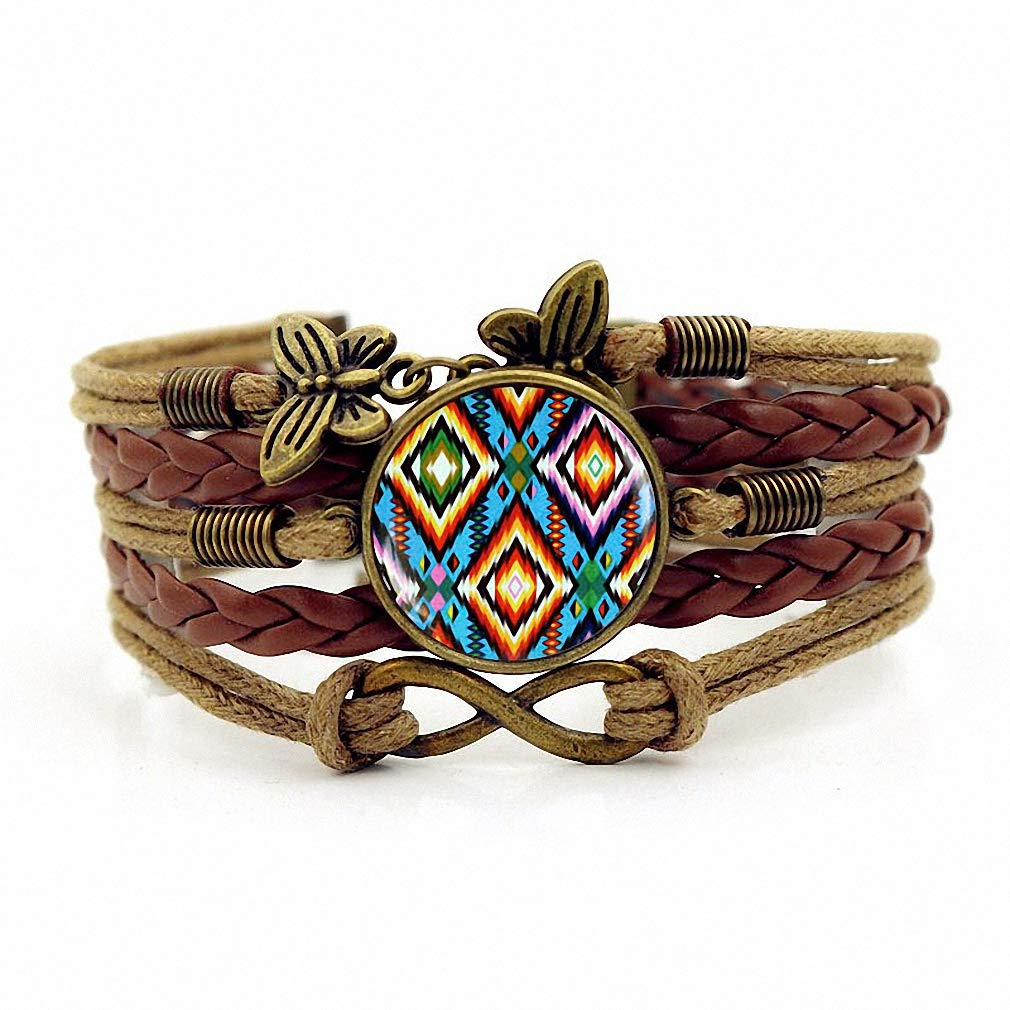 JAKVILJECHandmade Knitted Leather Bracelet Colorful Native American Art Multilayer Glass Bracelet Brown