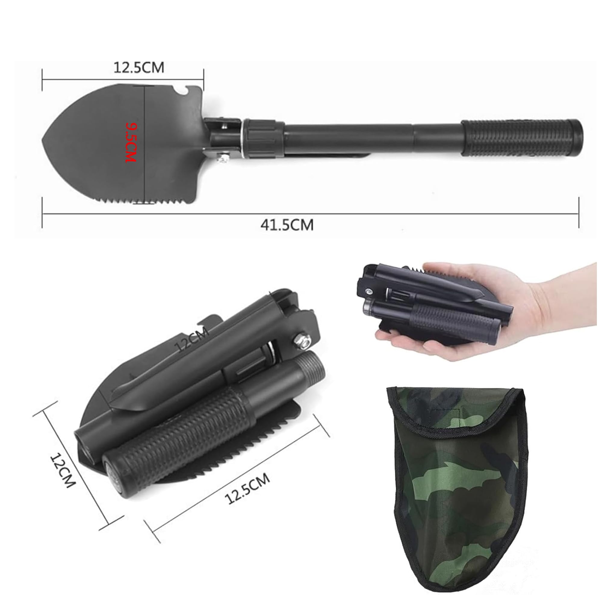 4-In-1 Multifunktions Klappschaufel, Klappbare Spaten Garten 42cm, Schwarz Klappspaten Mini, Multifunktionaler Camping Klappspaten, Für Wandern,Camping, Jagen, Garten, Schneeschaufeln, (Schwarz).