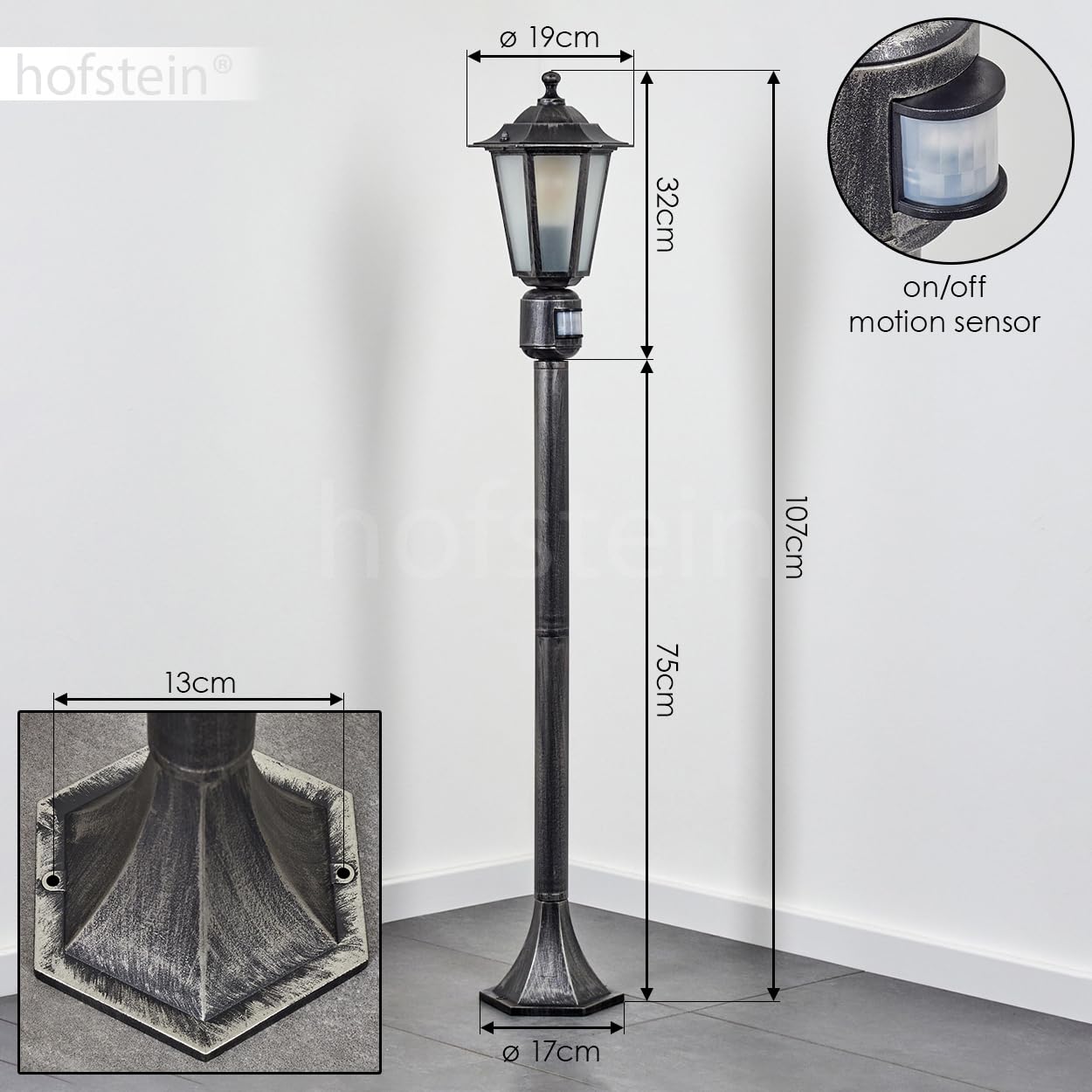 Lampe d'extérieur Loria, avec détecteur de mouvement en métal/verre noir-argenté/blanc, lampe d'extérieur à l'aspect antique, 107cm, lampe de jardin, éclairage de jardin IP44, 1x E27, sans ampoule