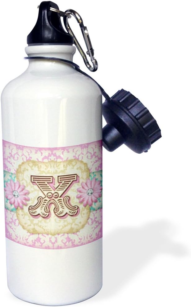 3dRose "Regal Pastel Mod Damask Monogram Initial X" Sports Water Bottle, 21 oz, White