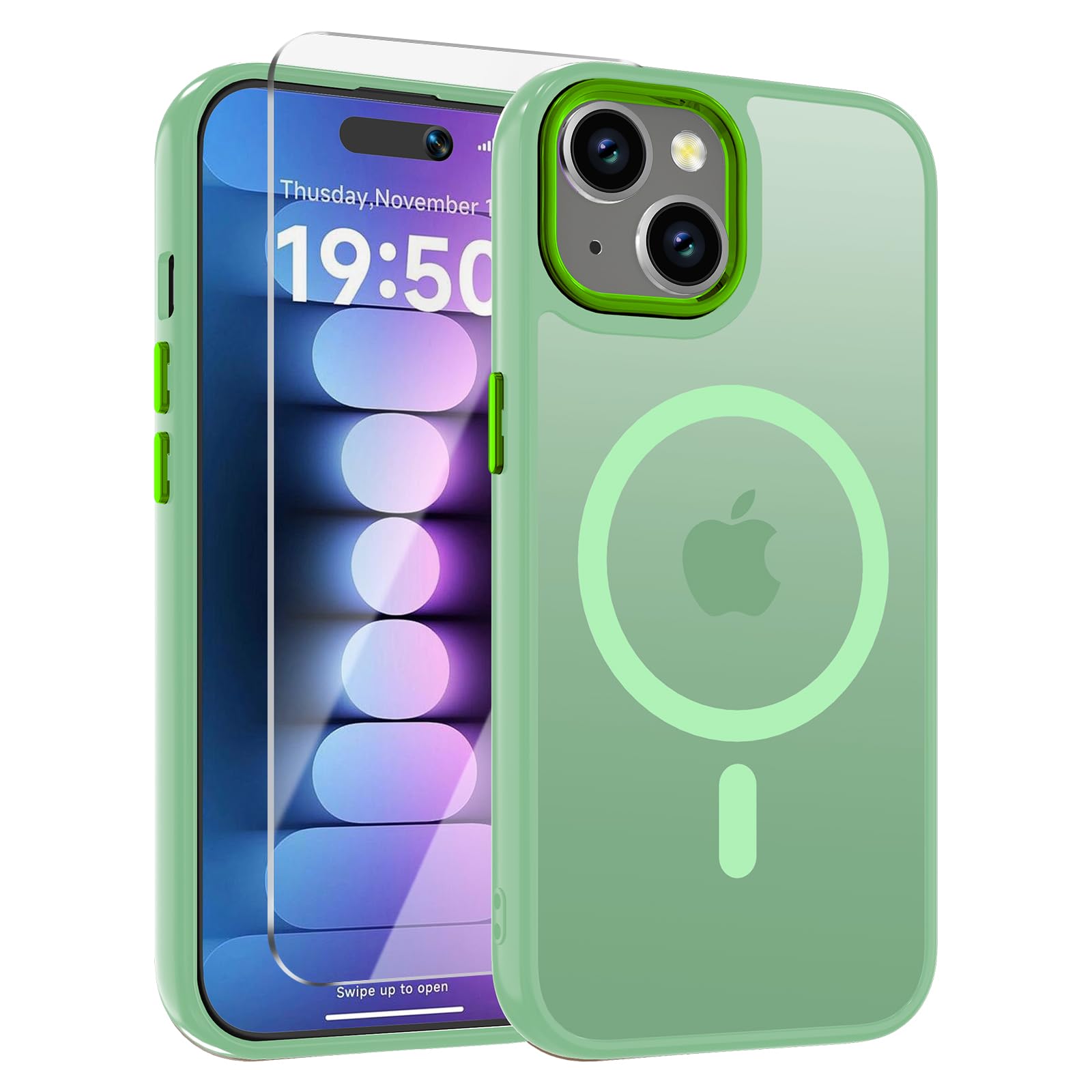 wrj case for iphone 15 with screen protector, magnetic translucent phone case for women men [compatible with magsafe] slim anti-fingerprints shockproof protective cover-matcha green