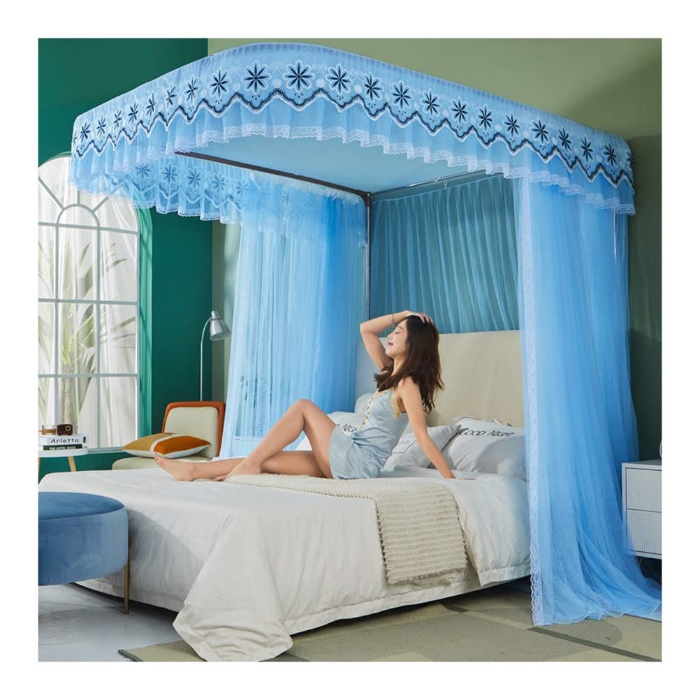 GTHTUHFD Summer Bed Canopy Mosquito Net, Single Bed Double Bed King Bed Curtain With Metal Support, Romantic Bedroom Decoration,Blue-200X220CM