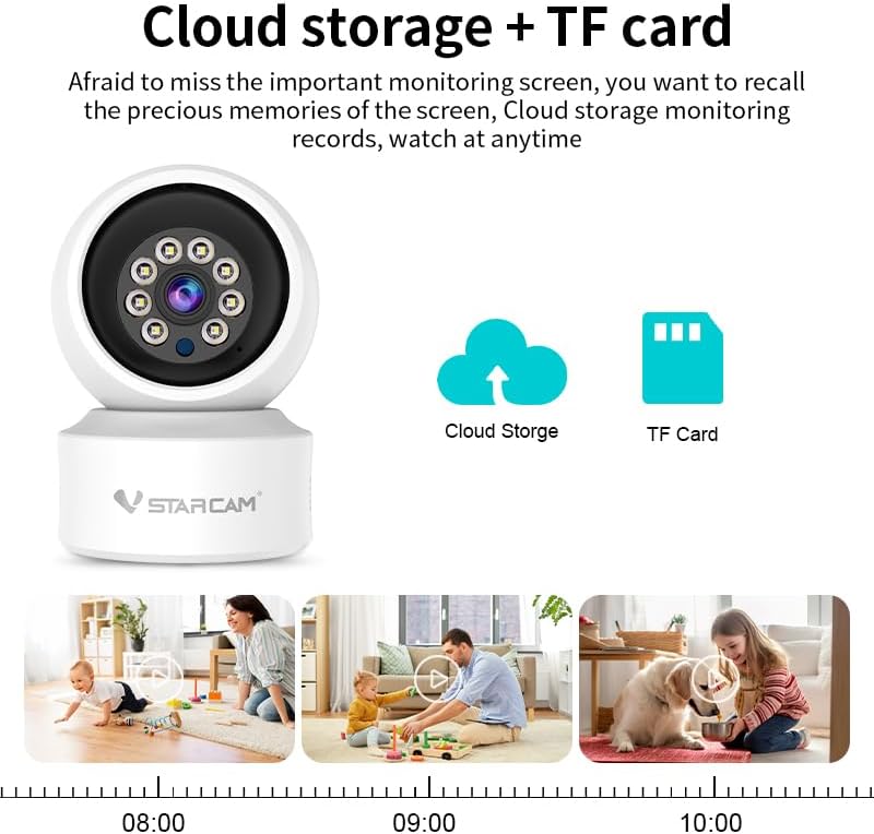 VSTARCAM C993 camera showing cloud storage and TF card options with a timeline of recorded events