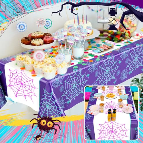 Image of Oudain 3 Pack Spider Theme Birthday Decorations Halloween Purple Black Red Green Pink Web Bat Tablecloth Cartoon Table Cover Party Favor for Birthday(Spider,Web,Purple)