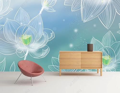 MATUDA Blue Line Drawing Lotus Mural Wall Wallpaper Wall Mural for Living Room Bedroom (Papel Tapiz para Pared De Habitacion) 157.5" W*110.3" H