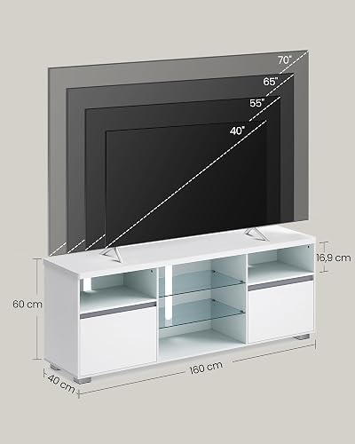 VASAGLE Kailyn Collection - Meuble TV avec LED, pour Les Téléviseurs Jusqu’à 70 Pouces, avec Étagères Ouvertes en Verre, 2 Placards avec Portes, 160 cm, Moderne, pour Salon, Chambre, Blanc LTV331T10 - 6