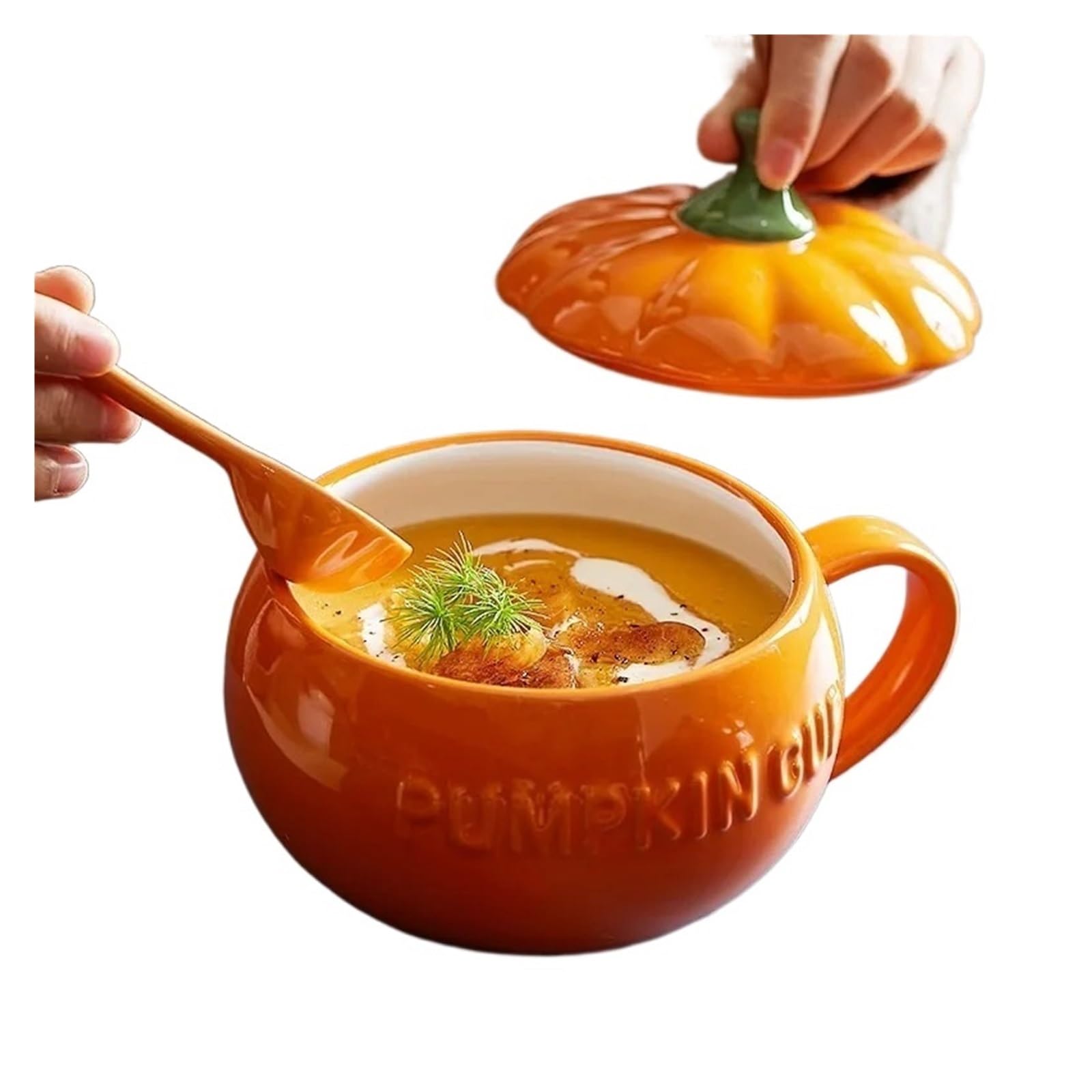 Ceramiczny kubek do dyni z łyżką, ładny kubek do zupy Kawaii z pokrywką, kubek na płatki owsiane, kreatywny kubek na wodę, mleko, płatki owsiane, śniadanie, 300/450 ml (300 ml)