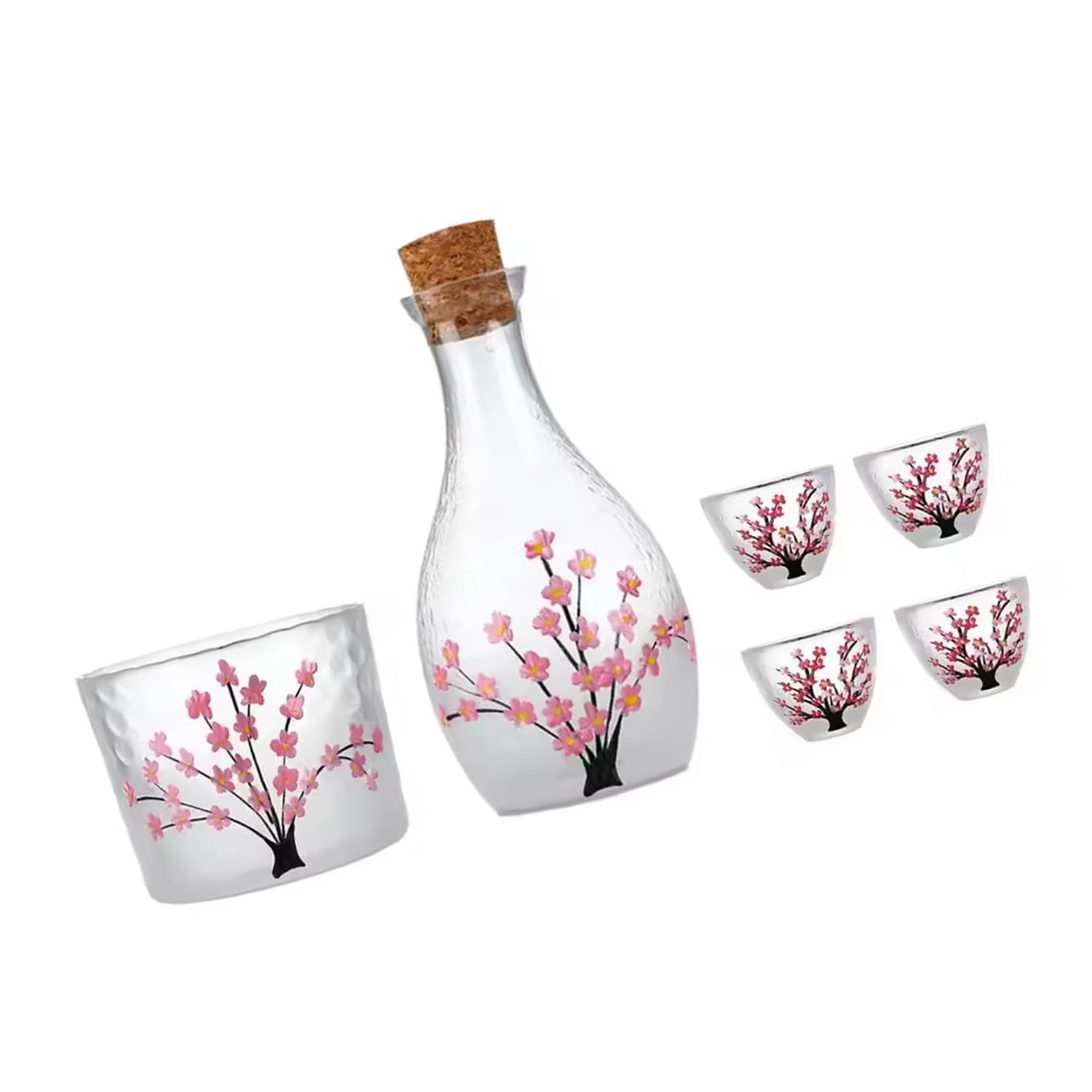 YWLUUOO Artistic Clear Glass Sake Bottle Set with Japanese Flowers, 1 Carafe, 4 Cups & for Warming Liquor Japanese Sake Pots