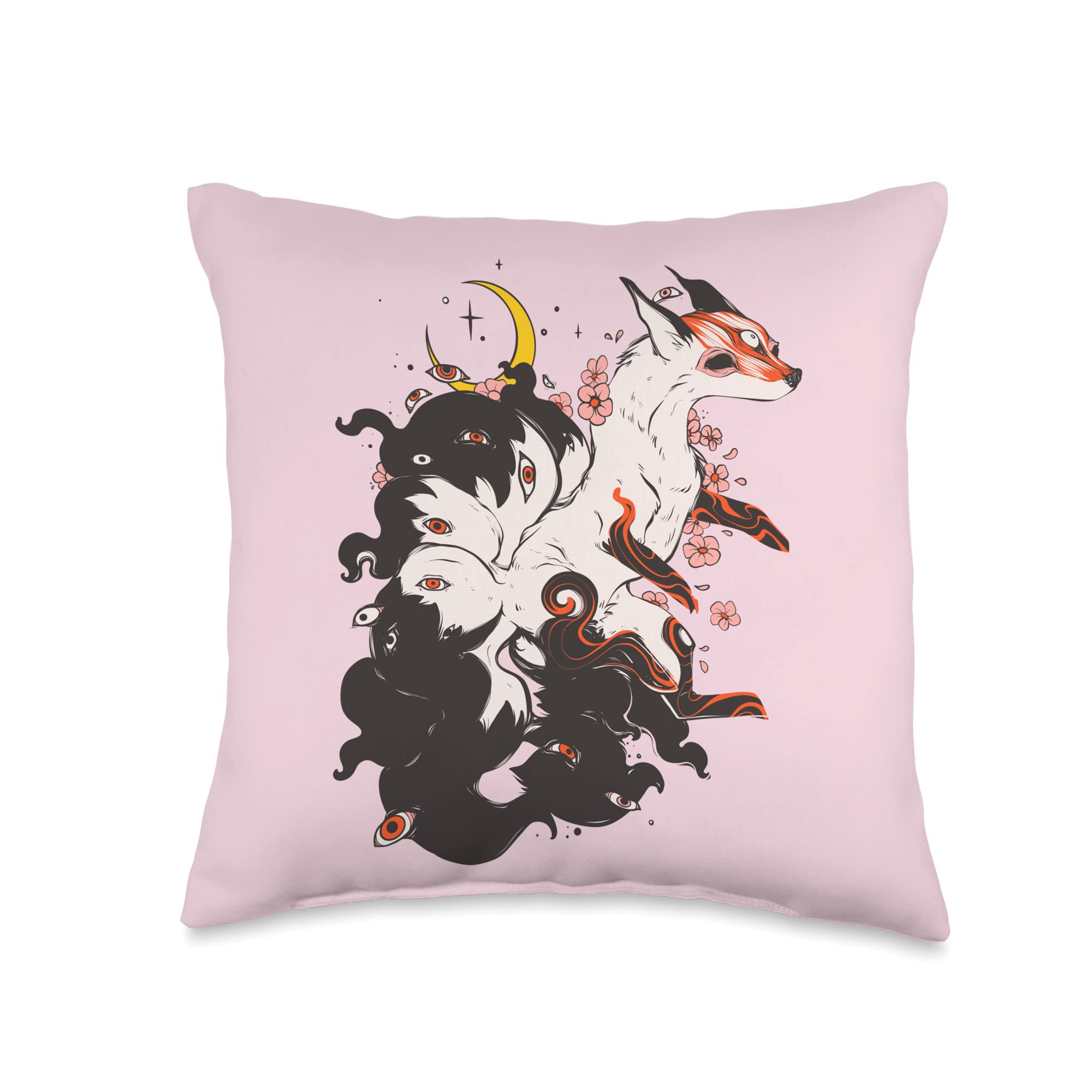 Japanese style art by CellsDividing Nine Tail Kitsune Fox with Cherry Blossom Flowers Throw Pillow, 16x16, Multicolor