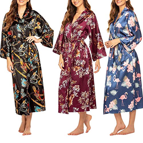 KESYOO robe feminino de cetim de manga comprida para dormir quimono vestido com gola em V para noiva