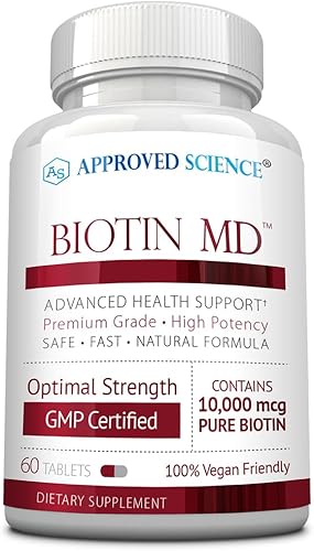 Biotin MD - Biotina pura extra fuerte 10,000 mcg para mejorar la salud del cabello, la piel y las uñas 60 tabletas veganas fabricadas en Estados