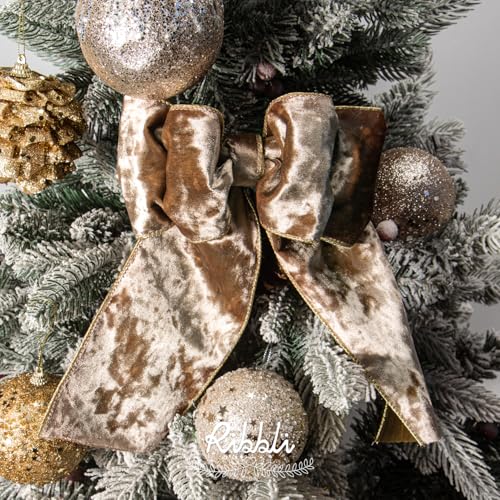 Image of Ribbli Camel Velvet Wired Ribbon 4 Inch Metallic Khaki Crushed Velvet Christmas Ribbon for Gift Wrapping Christmas Tree Decoration Crafts Wreaths Supplies-Continuous 10 Yards
