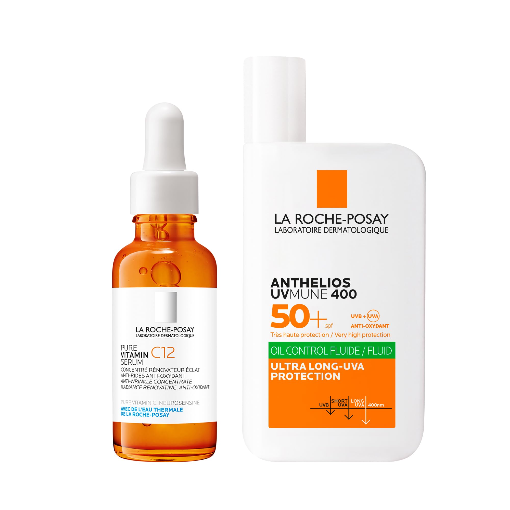 Rutina de Verano Antiedad La Roche Posay, Fluido Invisible Protector Solar con SPF50+ con Efecto Matificante 24 Horas 50ml + Sérum Pure Vitamin C12 Antiedad con Vitamina C, 30ml