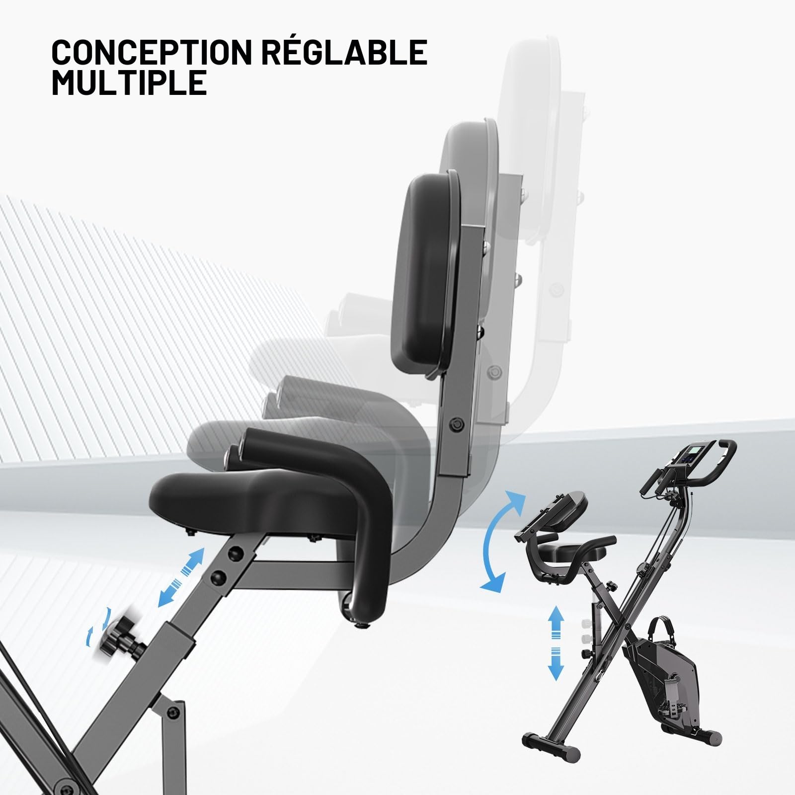 Vélo d'appartement pliable pour la maison 4 en 1 ergomètre pliable pour la maison, 150 kg, portée avec résistance magnétique réglable et écran LCD fitness bike avec capteurs à pulsation