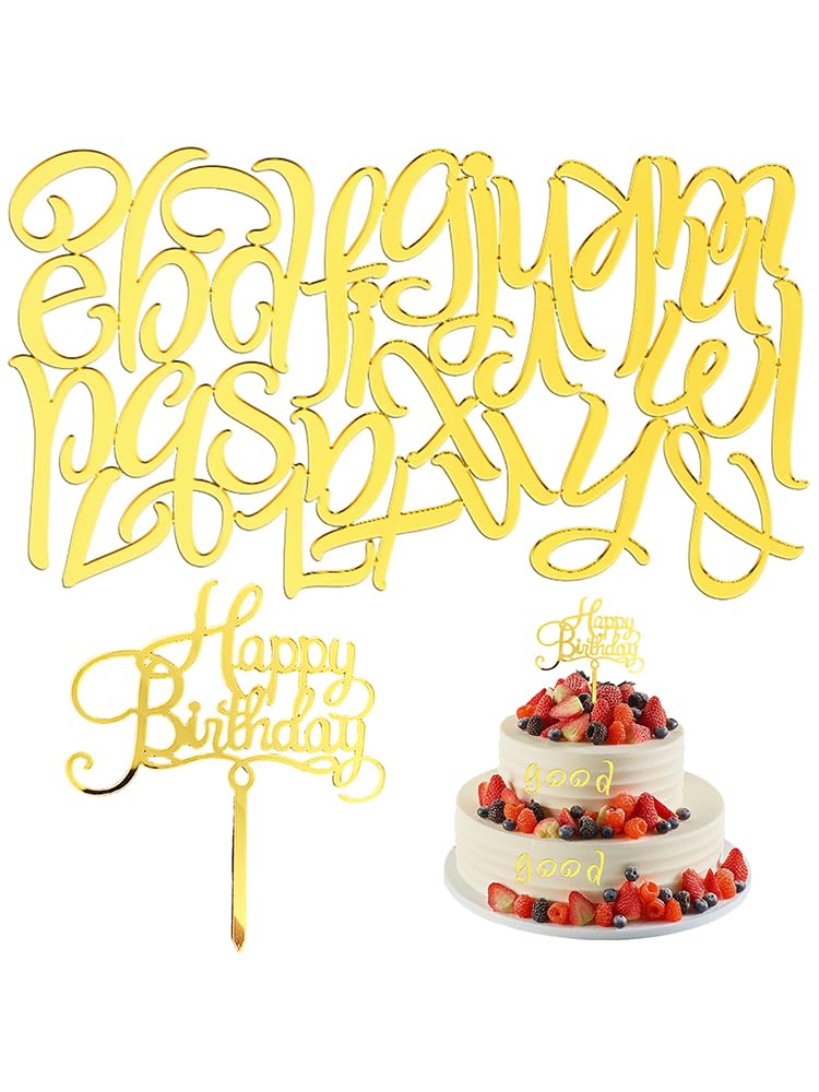 27 Pcs Acrylic Alphabet Cake Topper,Diy Custom Cupcake Toppers,Letter Cake Toppers Gold,Personalised Cake Toppers Acrylic Cake Topper For Wedding Anniversary Or Birthday Party(Gold)(Gold)