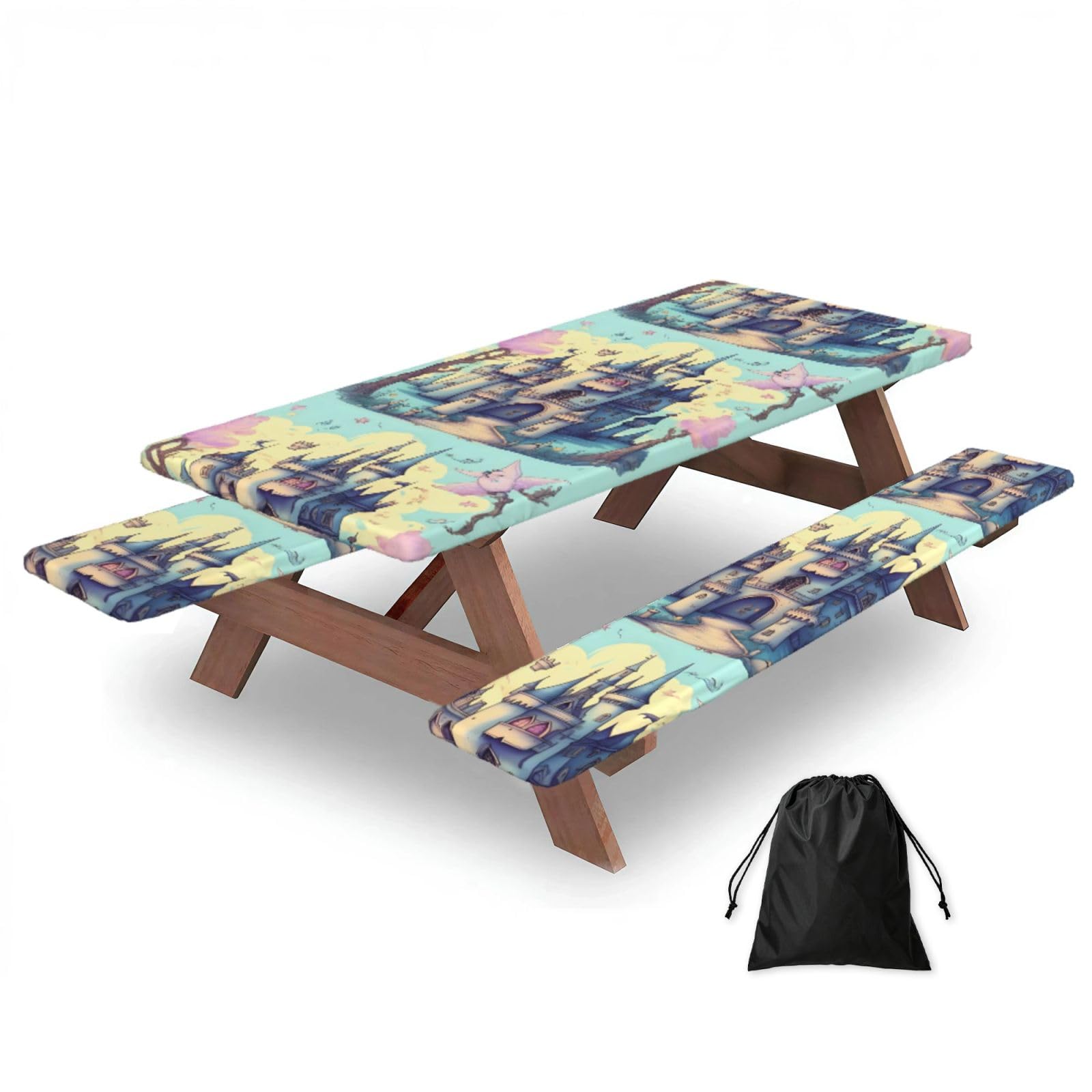 Erwqavc Black Fairytale Castle Print Picnic Table Cover & Bench Covers 3-Pack Set, Elastic Tablecloths For 6 Ft Rectangle Tables