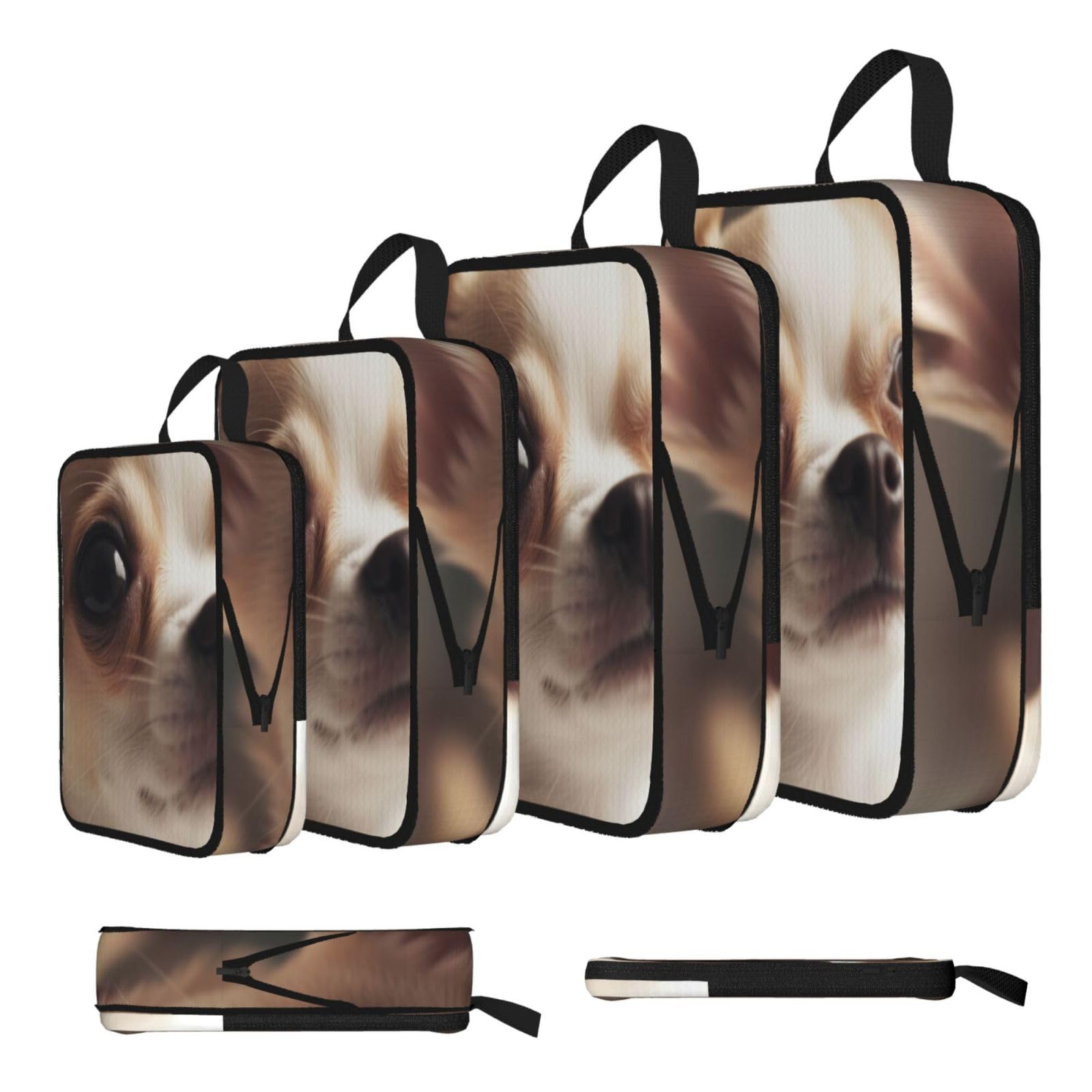 Ezdlowvba Black Cute Chihuahua Print Compression Packing Cubes 4-Piece Set With Multi- Compartment Travel Bag, Waterproof Suitcase Organiser Bags