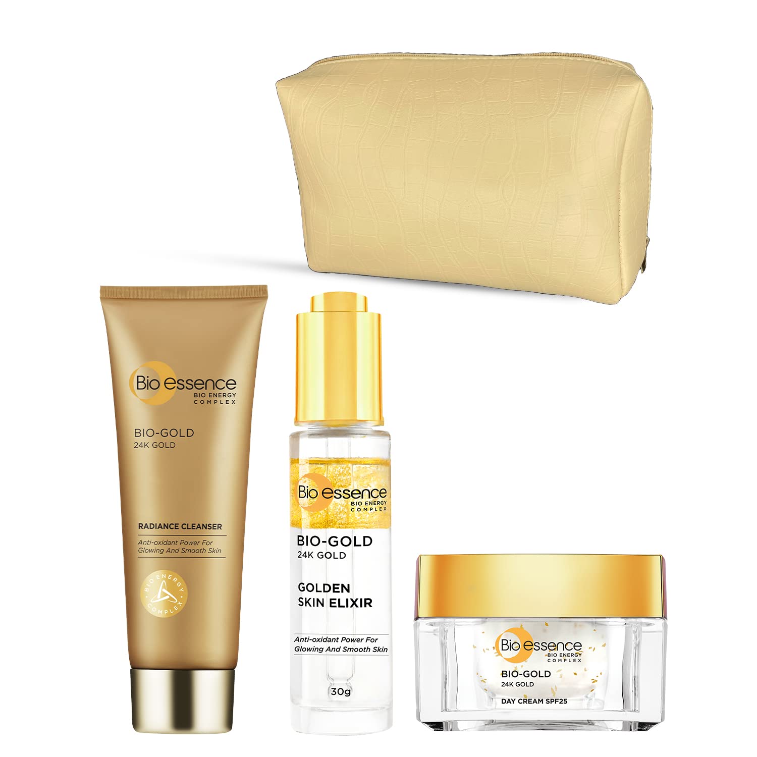 Bio-essence 24K Gold CSM Kit - 24K Gold Radiance Cleanser 100g, Serum Elixir with Vitamin C 30ml, 24K Gold Day Cream SPF25/PA+++ 40g | deep cleansing, skin brightening serum, face moisturizer combo