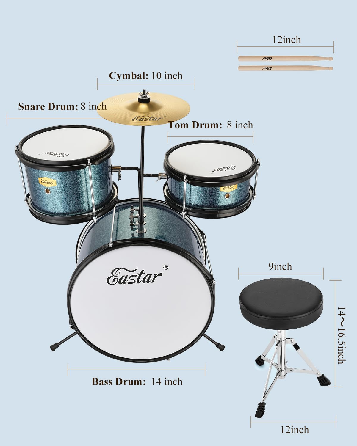 Eastar Kit Batterie Enfant 14" avec Tabouret, Cymbale, Pédale et Baguettes