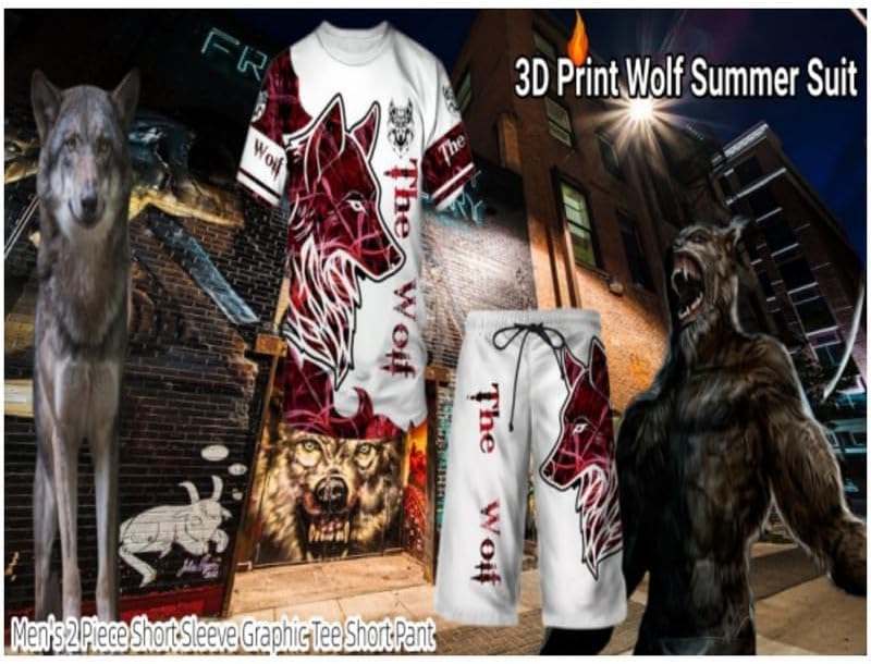 prigridche Wolf & Lion 3D Printed Casual Short Sleeve Crew Neck Suit for Men 2 Piece Shorts Tracksuit - Image 3