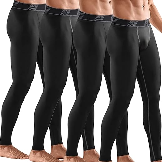 HOPLYNN 4 Pack Compression Pants Tights Leggings Men, Winter Baselayer for Running Workout Sports Yoga-4 Black-XL
