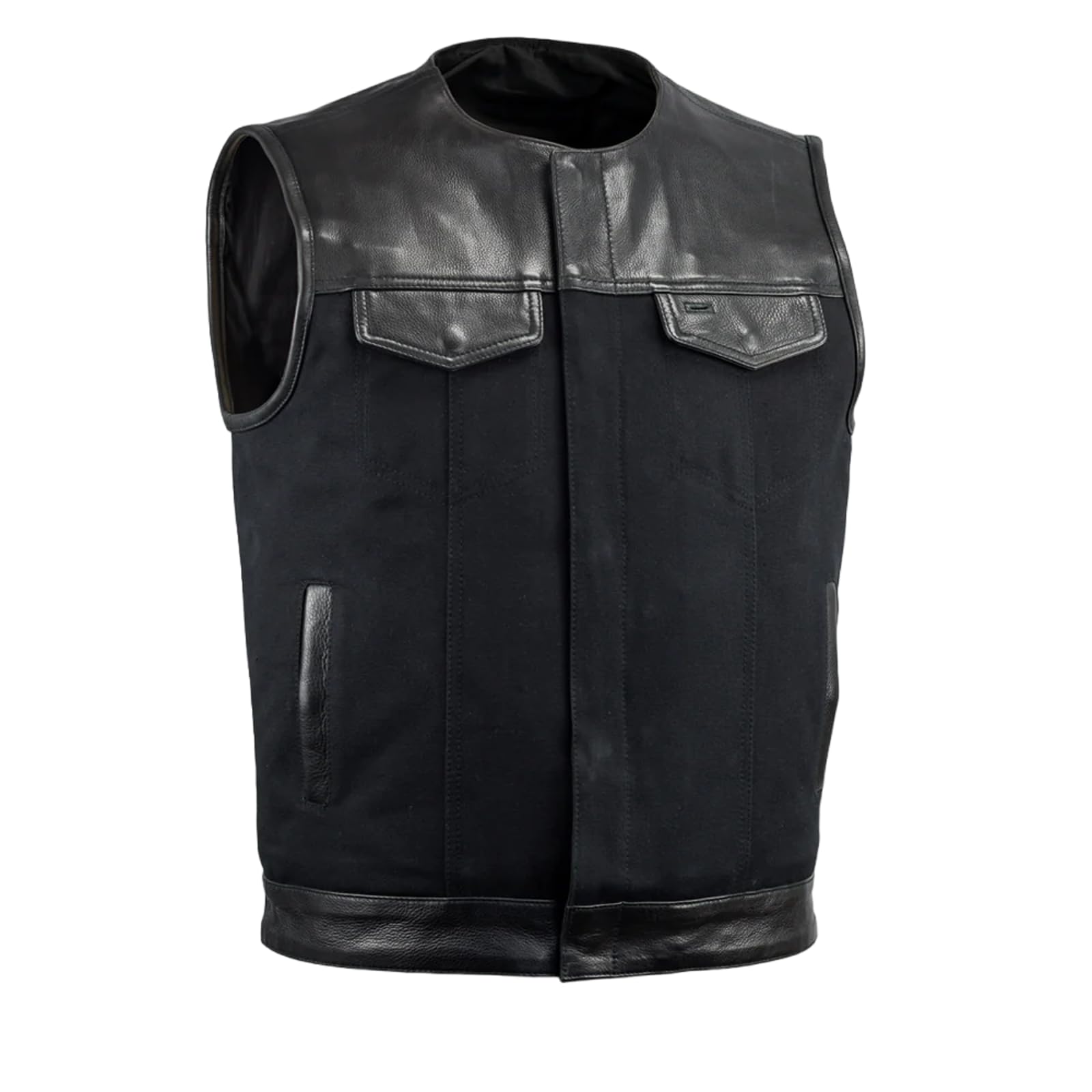First Mfg Co - 49/51 - Men's Motorcycle Vest Band Collar - Leather Canvas - Black - Medium