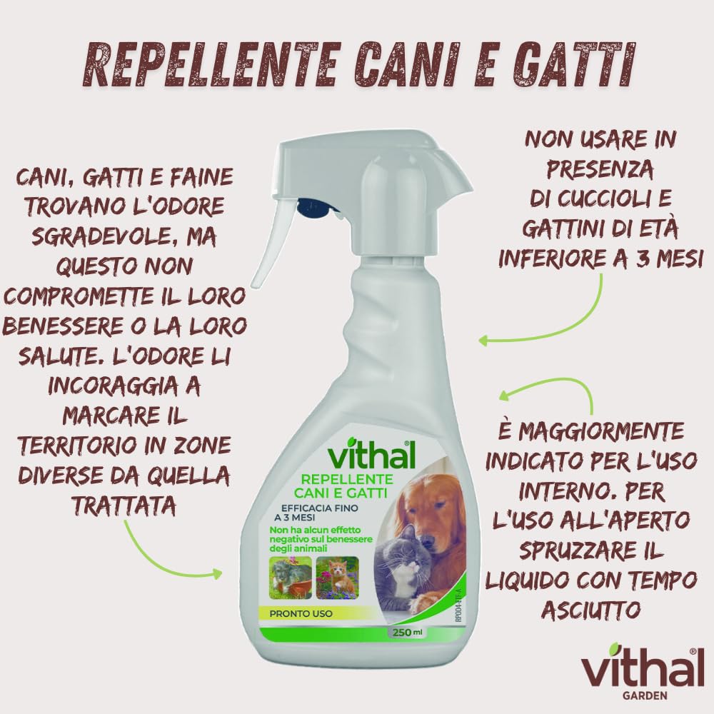VITHAL Repellente Cane e Gatto Spray 250ml - Protezione Totale Per Interni Ed Esterni, Durata Fino a 3 Mesi, Spray Pronto All’Uso