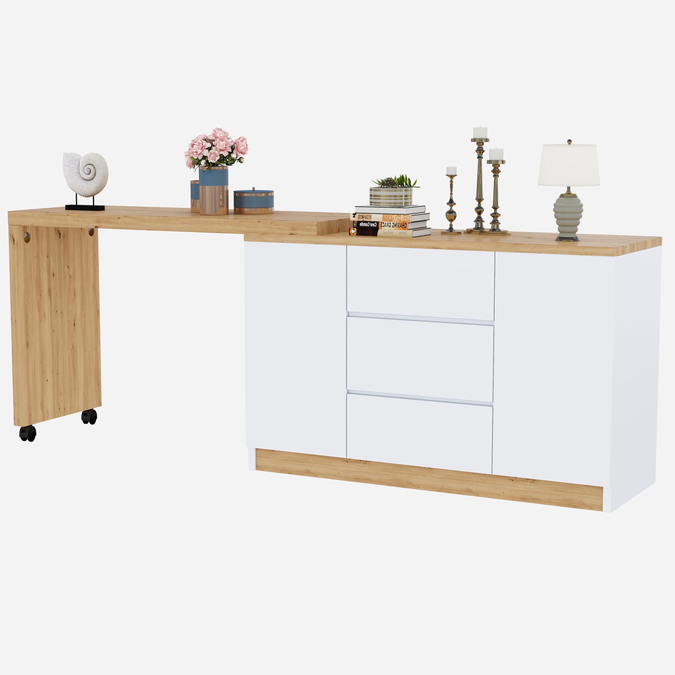 Lexiou Escritorio con ruedas con bloqueo, diseño multifuncional, 4 cm más grueso, mesa giratoria con bloqueo fijo, escritorio plegable, escritorio de esquina, aparador (roble + blanco)