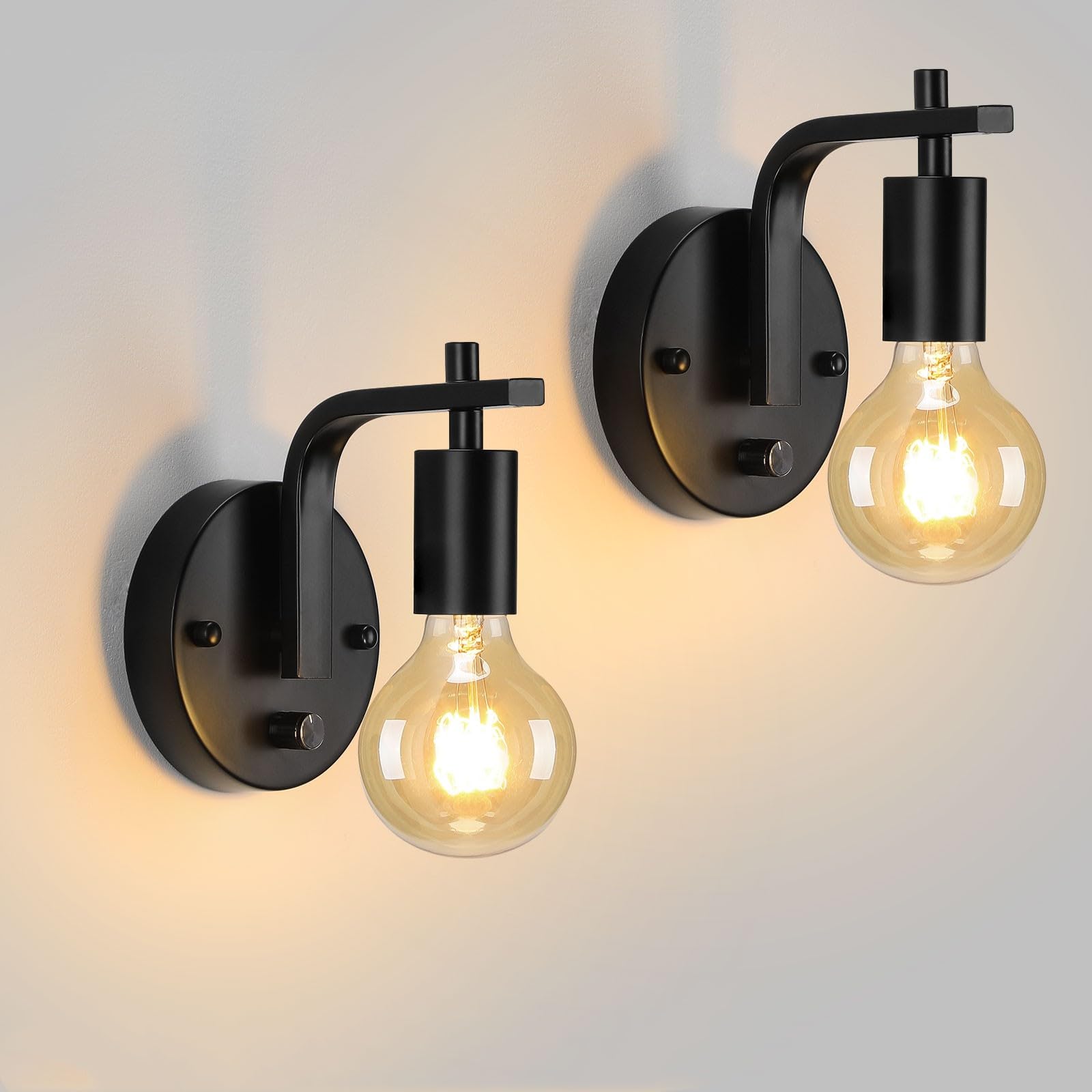 Glighone Wall Sconces Set of Two, Dimmble Black Wall Lights, Retro Wall Lamps Set of 2,E26 Industrial Wall Lighting for Bedroom Living Room Kitchen...