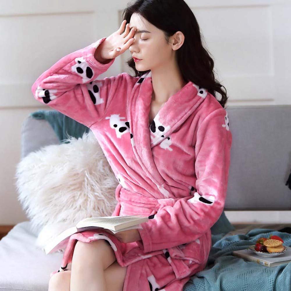 Peignoir d'hiver,Les Dames À La Mode Robe D’Hiver Chaud Corail Toison De Bain Pyjamas À La Maison Porter Confortable Kimono Hôtel Peignoir avec Mignon Animal Imprimé Rose Fille Sexy
