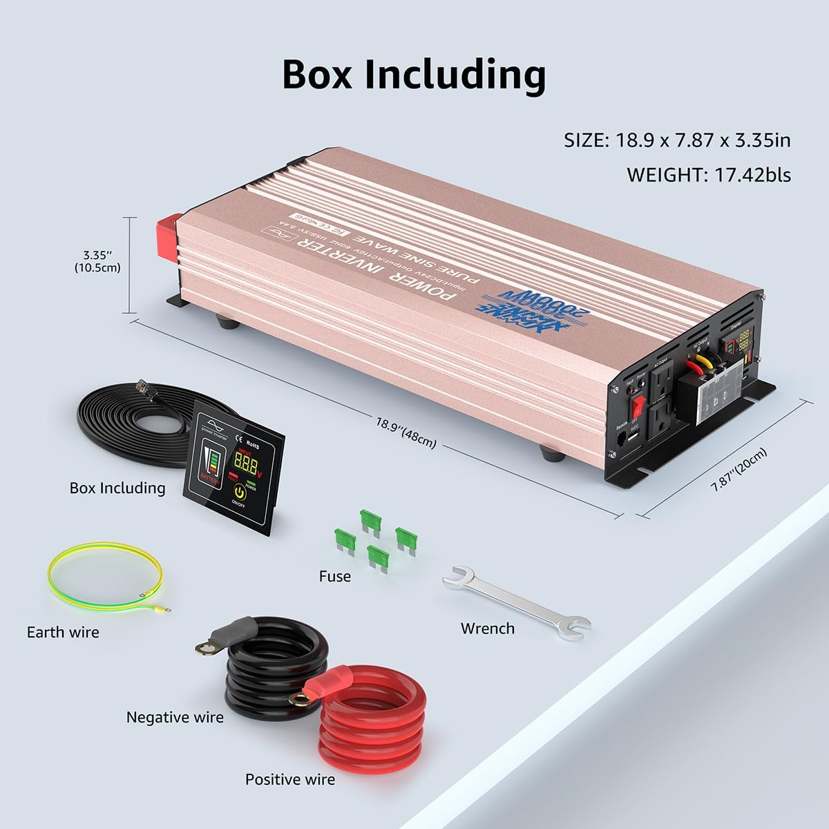 Contents of the XWJNE inverter box, including the inverter unit, battery cables, remote controller, wrench, fuses, and user manual.