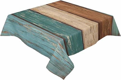 Miniatura 2 de Mantel turquesa verde azulado impermeable a prueba de aceite, mantel cuadrado de madera retro verde y marrón para exteriores, mantel para mesa de