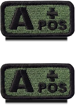 Pack of 2 Tactical Military Green Type A+ Pos Positive Blood Type Emblem Embroidered Patch with Closure for First Aid Bag Trauma Medicine Paramedic First Aid Rescue Kit A+