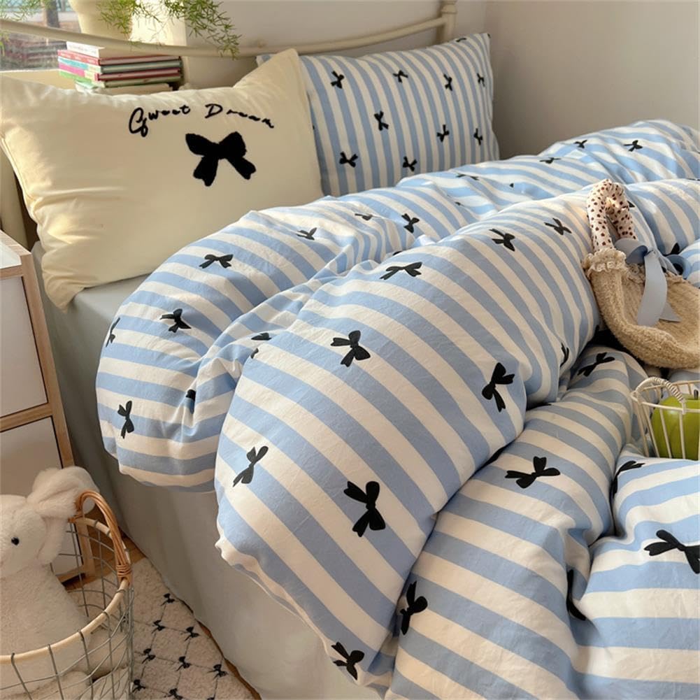 Striped Duvet Cover Queen Size Pink Bowknot Bedding Set with Zipper Closure, 3 Pieces Geometry Stripe Kawaii Bow Comforter Cover for Kids Girls
