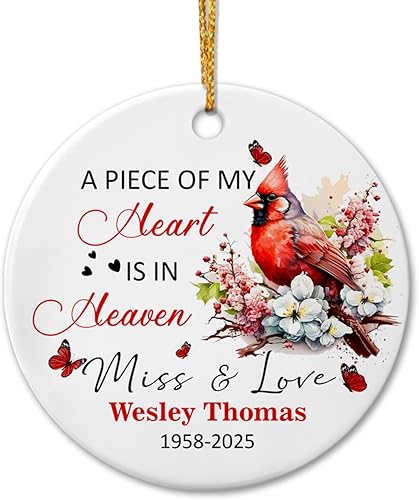 Miniatura 1 de Adorno de cerámica personalizado con texto en inglés "A Piece of My Heart is in Heaven" para Navidad 2024, adorno cardenal rojo conmemorativo,