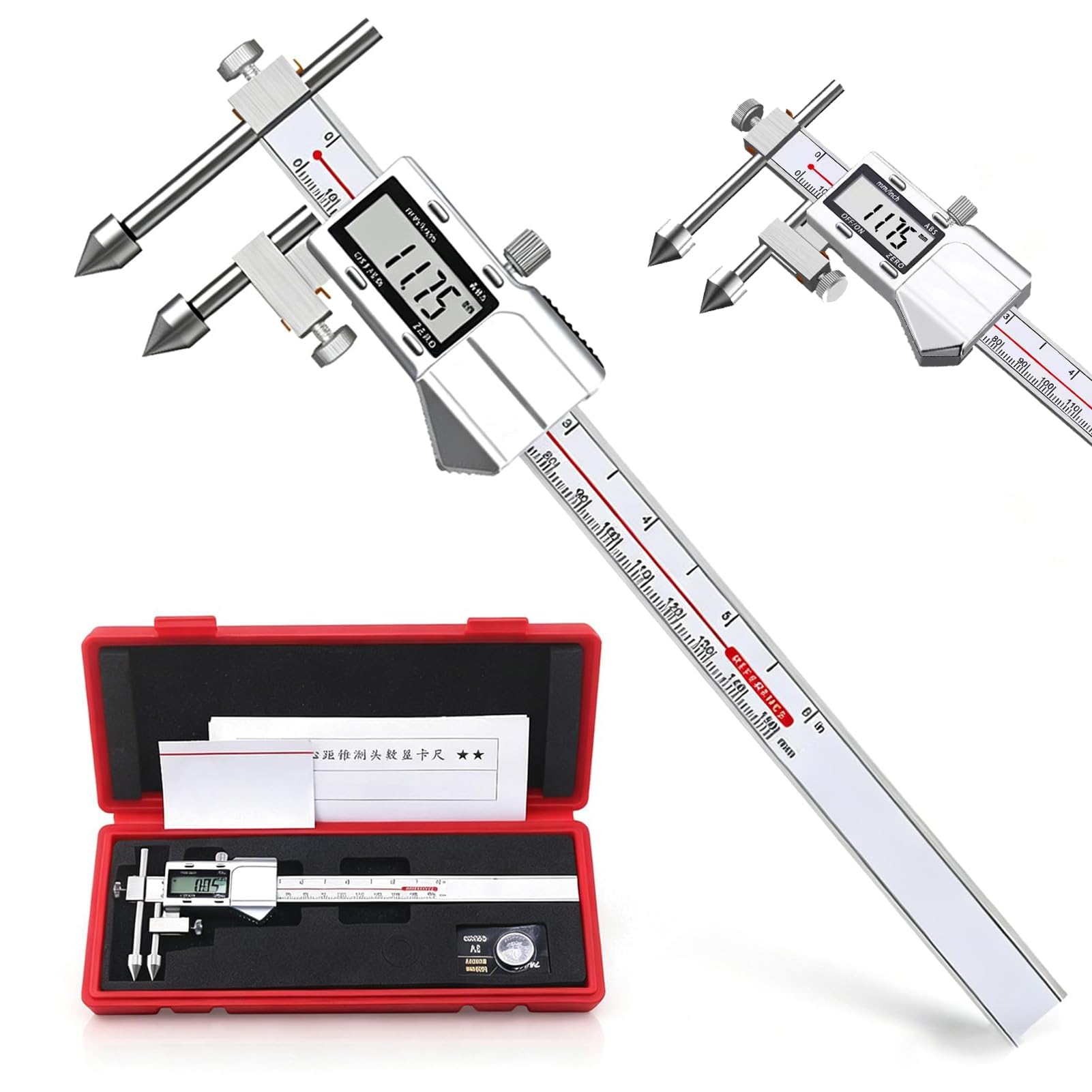 Calibrador digital, calibrador de distancia central | Acero inoxidable, rango de medición 5-300 mm, precisión de 0,01 mm, con interruptor de mm/pulgada(10-300mm)