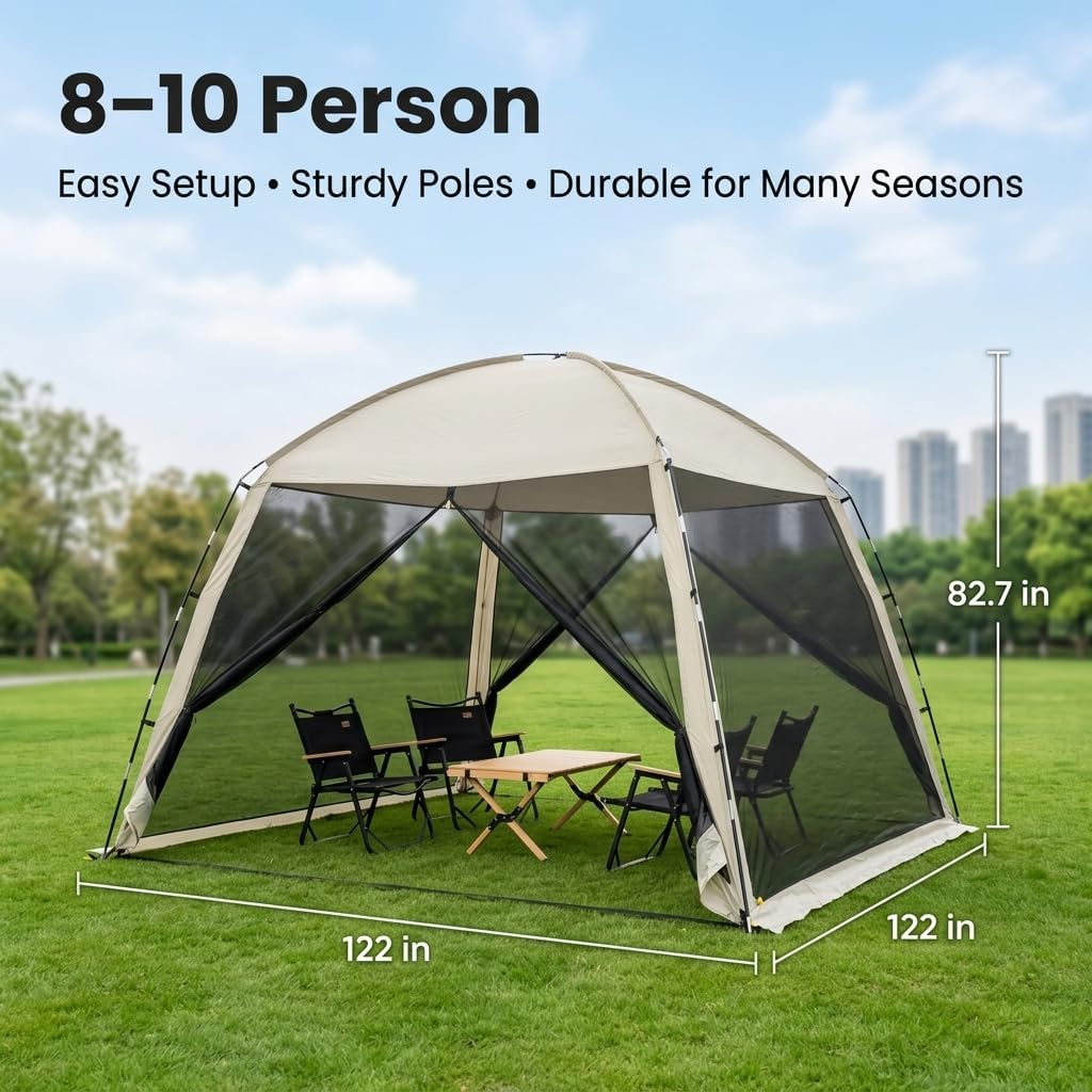 10.2 × 10.2 ft Camping Sunshade Tent, mesh Pavilion, Suitable for 8-10 People, Waterproof and Easy to Set up, Portable Design with Handbag, Suitable for Family Camping and Outdoor Activities