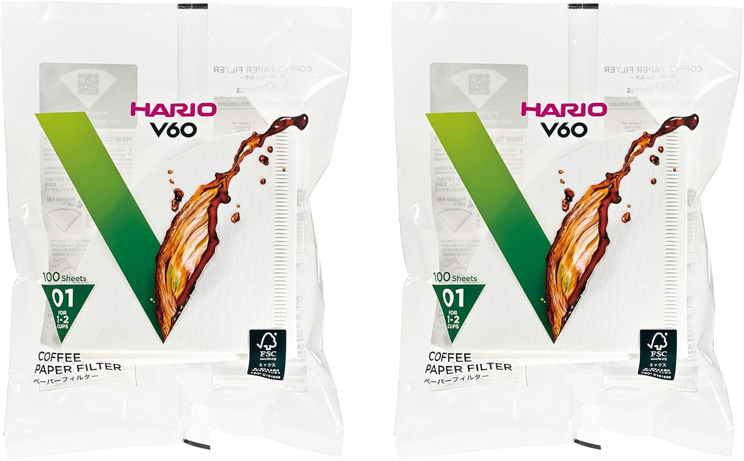 HARIO VCF-01-100W V60 Paper Filter, White, For 1-2 Cups, Made in Japan, 100 Sheets, Set of 2