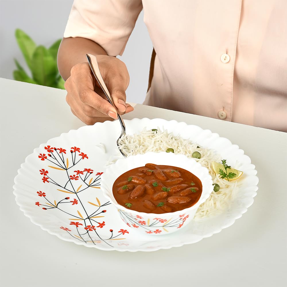 Larah by Borosil Red Bud Silk Series Opalware Dinner Set | 27 Pieces for Family of 6 | Microwave & Dishwasher Safe | Bone-Ash Free | Crockery Set for Dining & Gifting | Plates & Bowls | White 4