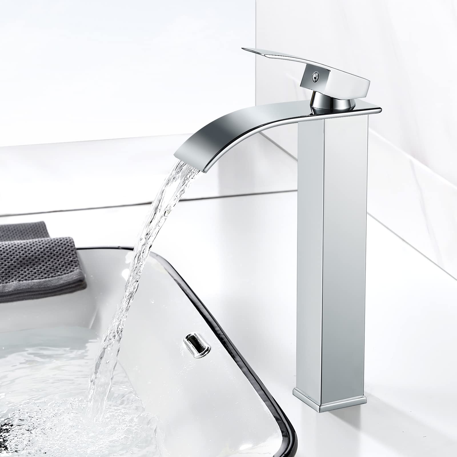 kisimixer Rubinetto Bagno Lavabo Alto Cascata, Miscelatore Lavabo Bagno Alto Cascata, Rubinetto Monocomando per Lavandino, Acqua Calda e Fredda Disponibile, Cromato
