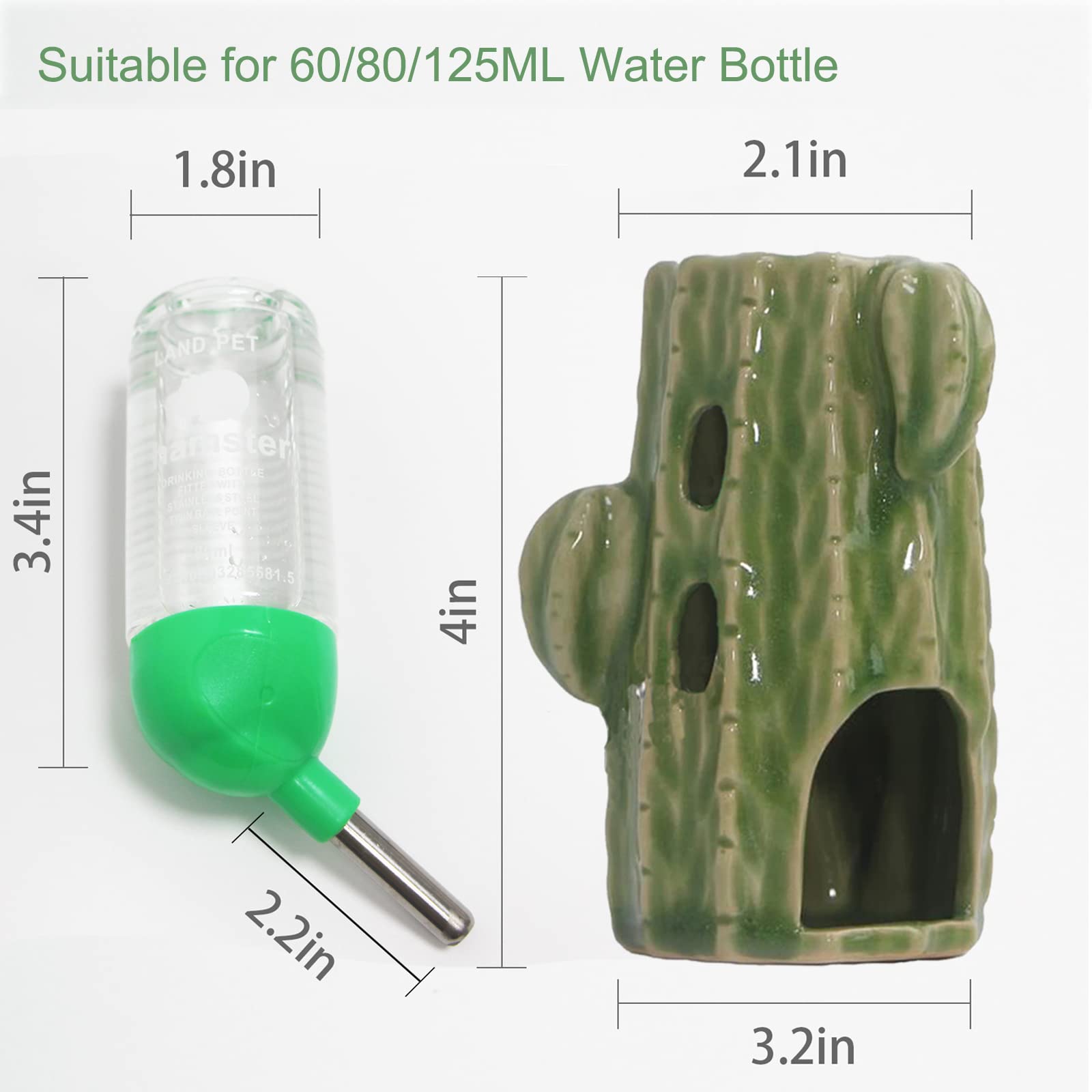 Botella de agua ajustable 2 en 1 para tanque de vidrio, 80 ml, soporte de cerámica sin goteo para hámster enano, ratones, ratas (verde claro)